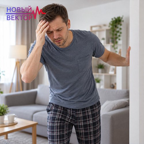 Мужчина испытывает головокружение и держится за голову дома, что указывает на необходимость консультации нарколога для оценки состояния перед вшиванием ампулы от алкоголизма